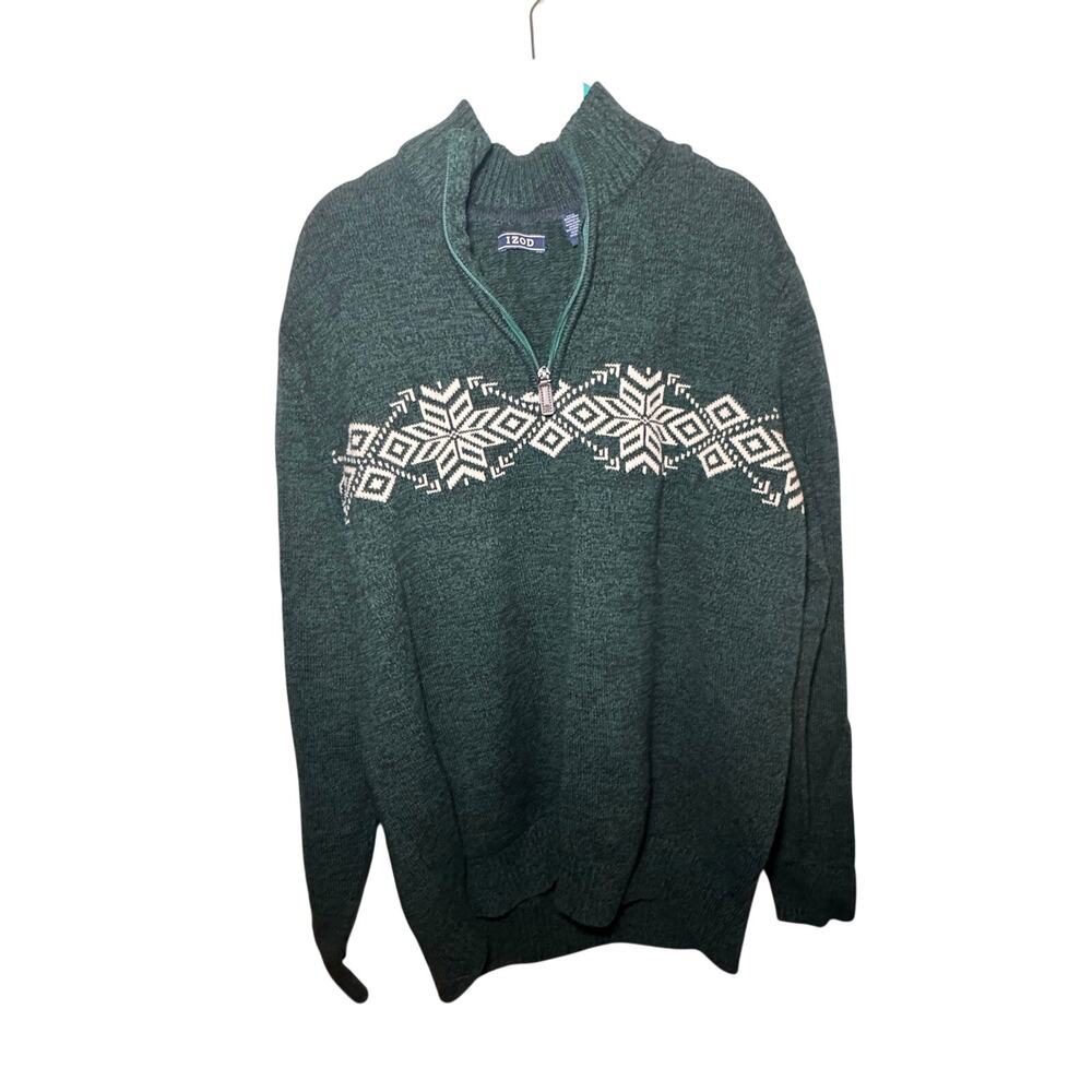 IZOD Men’s XL Quarter-Zip Sweater Green Nordic Snowflake Pattern